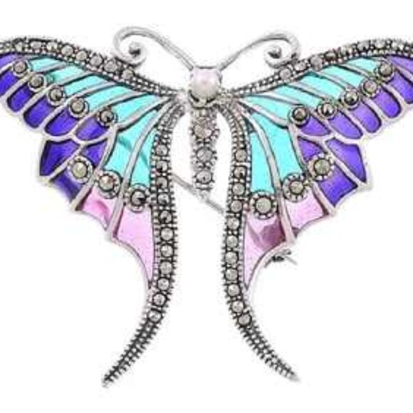 A Plique-a-jour and Marcasite Butterfly Brooch or Pendant set in Sterling Silver - Picture 1 of 1